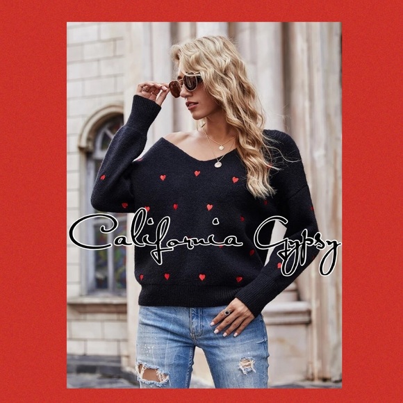 California Gypsy Sweaters - Heart Print Oversized V-Neck Sweater